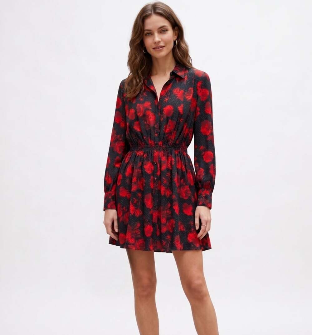 The Kooples Silk Rose Floral Polka Dot Shirt Dress Size 3 US Large Red Black Min